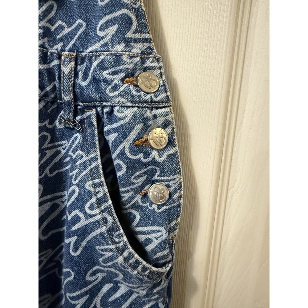 Fubu x Forever 21 Denim Overalls All Over Print 05 Orange Straps Y2K Women Sz S - Picture 5 of 16
